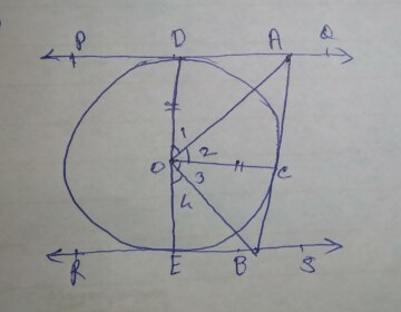 In Figure 3, PQ and RS are two parallel tangents to a circle with centre O and another tangent AB with point of contact C intersecting PQ at A and RS at B. Prove that ∠ AOB = 90°.