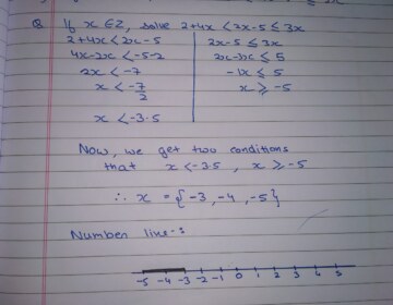 If x∈ Z, solve 2+4x <2x-5≤3x. Also represent its solution on the number line.