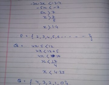 If P is the solution set of -3x+4< 2x-3, x∈N, and Q is the solution set of 4x-5<12, x∈W, find (i) P∩Q   (ii) Q-P.