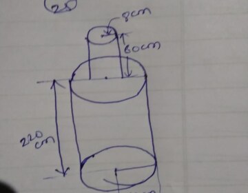 A solid iron pole consists of a cylinder of height 220 cm and base diameter 24 cm, which is surmounted by another cylinder of height 60 cm and radius 8 cm. Find the mass of the pole, given that 1 cm³ of iron has approximately 8 gm mass. (Use ∏ = 3·14)