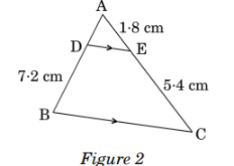 In Figure 2, DE II BC. Find the length of side AD, given that AE = 1·8 cm, BD = 7·2 cm and CE = 5·4 cm.