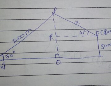 Amit, standing on a horizontal plane, finds a bird flying at a distance of 200 m from him at an elevation of 30°. Deepak standing on the roof of a 50 m high building, finds the angle of elevation of the same bird to be 45°. Amit and Deepak are on opposite sides of the bird. Find the distance of the bird from Deepak.