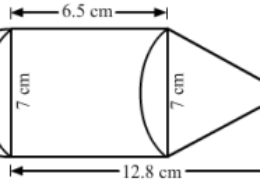 The adjoining figure represents a solid consisting of a cylinder surmounted by a cone at one end and a hemisphere at the other. Find the volume of the solid.
