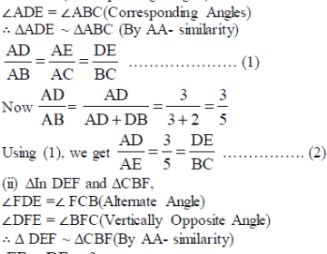 In the given figure, ABC is a triangle. DE is parallel to BC and AD/DB = 3/2 (i) Determine the ratios AD/AB and DE/BC (ii) Prove that ΔDEF is similar to ΔCBF Hence, find EF/FB. (iii) What is the ratio of the areas of ΔDEF and ΔBFC