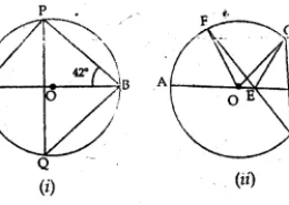 Question 6. (a) In the figure (i) given below, O is the centre of the circle and ∠PBA = 42°. Calculate the value of ∠PQB (b) In the figure (ii) given below, AB is a diameter of the circle whose centre is O. Given that ∠ECD = ∠EDC = 32°, calculate (i) ∠CEF (ii) ∠COF.