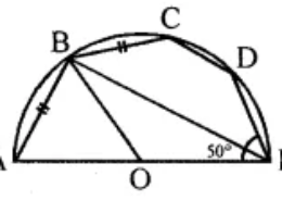 Question 12. In the given figure, O is the centre and AOE is the diameter of the semicircle ABCDE. If AB = BC and ∠AEC = 50°, find : (i) ∠CBE (ii) ∠CDE (iii) ∠AOB. Prove that OB is parallel to EC.