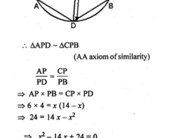 Ques 17 (b) In the figure (ii) given below, AB and CD are two intersecting chords of a circle. Name two triangles which are similar. Hence, calculate CP given that AP = 6cm, PB = 4 cm, and CD = 14 cm (PC > PD).
