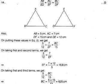 It is given that triangle ABC is similar to EDF such that AB=5cm,AC=7cm, DF=15cm and DE=12cm.Find the length of remaining sides of the traingles.