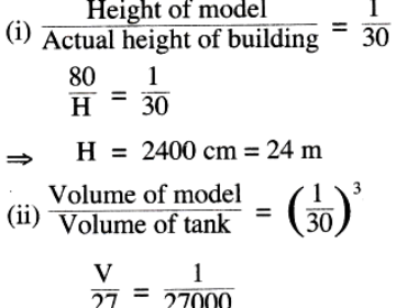 The model of a building is constructed with the scale factor 1:30. (i) If the height of the model is 80 cm, find the actual height of the building in metres. (ii) If the actual volume of a tank at the top of the building is 27m3 , find the volume of the tank on the top of the model