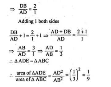 In the figure given below, DE∥BC and AD:DB=1:2, find the ratio of the areas of △ADE and trapezium DBCE