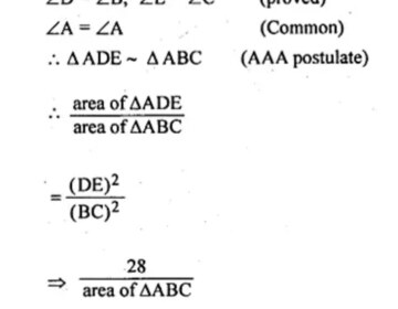 In the figure given below, DE∥BC. If DE=6 cm,BC=9 cm and area of △ADE=28 sq.cm, find the area of △ABC