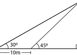 In the adjoining figure, the shadow of a vertical tower on the level ground increases by 10 m, when the altitude of the sun changes from 45 to 30. Find the height of the tower and give your answer, correct to 1/10 of a metre.