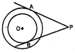 Question 12(b) In the figure (ii) given below, two concentric circles with centre O are of radii 5 cm and 3 cm. From an external point P, tangents PA and PB are drawn to these circles. If AP = 12cm, find BP.