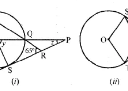 Question 22. (a) In the figure (i) given below, O is the centre of the circle and SP is a tangent. If ∠SRT = 65°, find the value of x, y and z. (2015) (b) In the figure (ii) given below, O is the centre of the circle. PS and PT are tangents and ∠SPT = 84°. Calculate the sizes of the angles TOS and TQS.