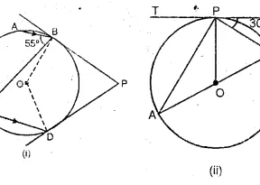 Question 24. (a) In the figure (i) given below, O is the centre of the circle. The tangent at B and D meet at P. If AB is parallel to CD and ∠ ABC = 55°. find: (i)∠BOD (ii) ∠BPD (b) In the figure (ii) given below. O is the centre of the circle. AB is a diameter, TPT’ is a tangent to the circle at P. If ∠BPT’ = 30°, calculate : (i)∠APT (ii) ∠B OP.