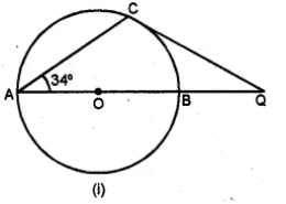 Question 27. (a) In the figure (0 given below, AB is a diameter. The tangent at C meets AB produced at Q, ∠CAB = 34°. Find (i) ∠CBA (ii) ∠CQA