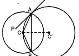 Question 38(b) In the figure (ii) given below, two circles with centres C, C’ intersect at A, B and the point C lies on the circle with centre C’. PQ is a tangent to the circle with centre C’ at A. Prove that AC bisects ∠PAB.