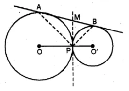 Ques (b) In the figure (ii) given below, O and O’ are centres of two circles touching each other externally at the point P. The common tangent at P meets a direct common tangent AB at M. Prove that: (i) M bisects AB (ii) ∠APB = 90°.