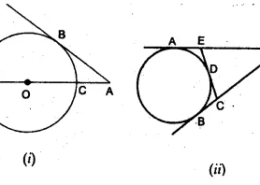 Question 8. (a) In the figure (i) given below, O is the centre of the circle and AB is a tangent at B. If AB = 15 cm and AC = 7.5 cm, find the radius of the circle. (b) In the figure (ii) given below, from an external point P, tangents PA and PB are drawn to a circle. CE is a tangent to the circle at D. If AP = 15 cm, find the perimeter of the triangle PEC.