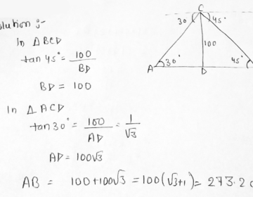 From the top of tower, 100 m high, a man observes two cars on the opposite sides of the tower with the angles of depression 30° & 45°respectively. Find the distance between the cars. (Use √3 = 1.73)