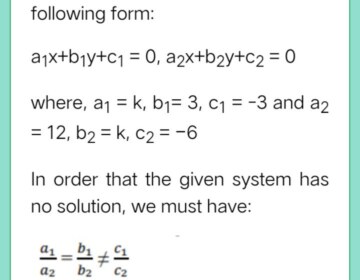 Find the value of k for which the following systems of equations has no solution: kx+3y=3, 12x+ky=6