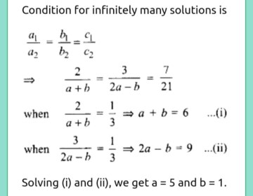 Find the value of a and b for which the system of linear equations has an infinite number of solutions: 2x+3y=7, (a+b)x+(2a-b)y=21