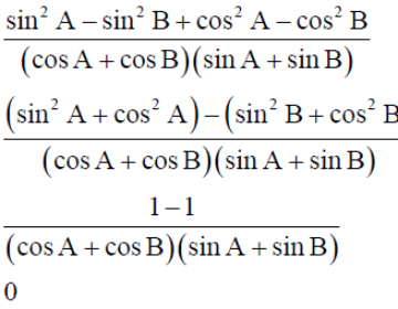 Prove that: (sinA-sinB)/(cosA+cosB) + (cosA-cosB)/(sinA+sinB) = 0