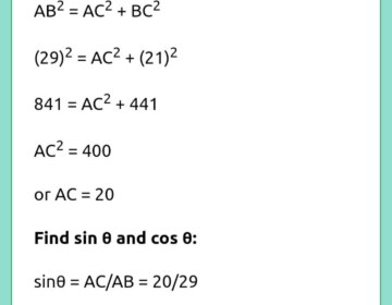 In a ∆ABC, in which ∠C = 90°, ∠ABC = θ°, BC = 21 units, AB = 29 units. Show that (cos^2θ – sin^2 θ) = 41/841.