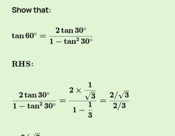 If A = 30° verify that tan 2A = 2tan A/(1 – tan^2 A)