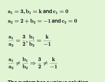 Write the value of k for which the system of equations 3x+ky=0, 2x-y=0 has a unique solution.