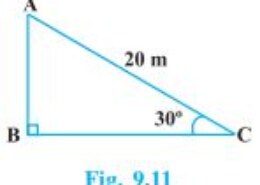 A circus artist is climbing a 20 m long rope, which is tightly stretched and tied from the top of a vertical pole to the ground. Find the height of the pole, if the angle made by the rope with the ground level is 30°. Q.1