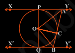 In Fig. 10.13, XY and X′Y′ are two parallel tangents to a circle with centre O and another tangent AB with point of contact C intersecting XY at A and X′Y′ at B. Prove that ∠ AOB = 90°. Q.9