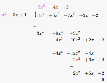 Check whether the first polynomial is a factor of the second polynomial by dividing the second polynomial by the first polynomial: (ii)x2+3x+1 , 3×4+5×3-7×2+2x+2 Q.2(2)