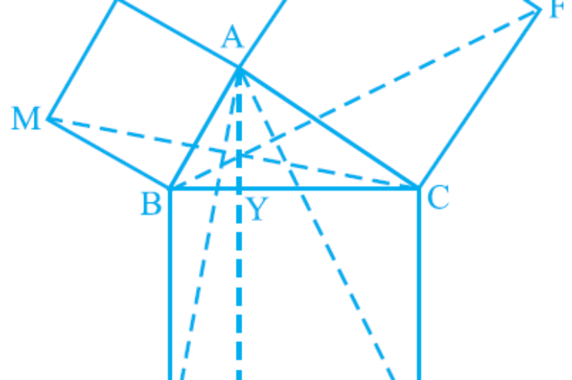 In Fig. 9.34, ABC is a right triangle right angled at A. BCED, ACFG and ABMN are squares on the sides BC, CA and AB respectively. Line segment AX ^ DE meets BC at Y. Show that:(i) ΔMBC ≅ ΔABD Q.8(1)