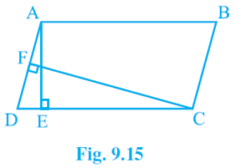 In Fig. 9.15, ABCD is a parallelogram, AE ⊥ DC and CF ⊥ AD. If AB = 16 cm, AE = 8 cm and CF = 10 cm, find AD. Q.1