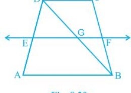 ABCD is a trapezium in which AB || DC, BD is a diagonal and E is the mid-point of AD. A line is drawn through E parallel to AB intersecting BC at F (see Fig. 8.30). Show that F is the mid-point of BC. Q.4
