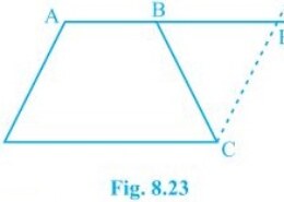 ABCD is a trapezium in which AB || CD and AD = BC (see Fig. 8.23). Show that (i) ∠A = ∠B (ii) ∠C = ∠D (iii) ΔABC ≅ ΔBAD (iv) diagonal AC = diagonal BD [Hint : Extend AB and draw a line through C parallel to DA intersecting AB produced at E.] Q.12