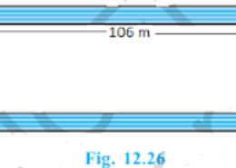 Fig. 12.26 depicts a racing track whose left and right ends are semicircular. The distance between the two inner parallel line segments is 60 m and they are each 106 m long. If the track is 10 m wide, find: (i) the distance around the track along its inner edge (ii) the area of the track. Q.8