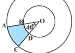 Find the area of the shaded region in Fig. 12.20, if radii of the two concentric circles with centre O are 7 cm and 14 cm respectively and AOC = 40°.Q.2