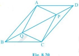 In parallelogram ABCD, two points P and Q are taken on diagonal BD such that DP = BQ (see Fig. 8.20). Show that: (i) ΔAPD ≅ ΔCQB (ii) AP = CQ Q.9(1-2)