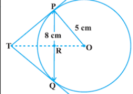 PQ is a chord of length 8 cm of a circle of radius 5 cm. The tangents P and Q intersect at a point T. Find the length TP.